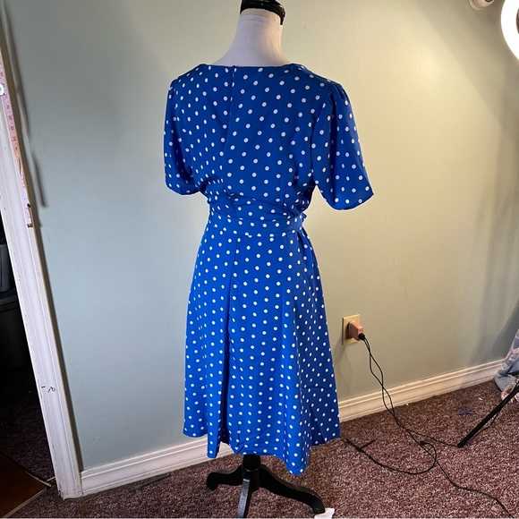Belted blue with white poka dots dress, short sleeves knee length.19pp X 40L - Picture 5 of 11